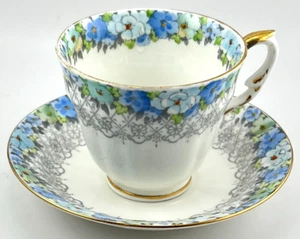 Vintage Crown Staffordshire England Bone China Cup and Saucer Set Blue Flowers - Picture 1 of 7