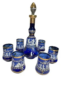 Venetian Cobalt Blue Decanter & 6 Cobalt Glass Cups Gold & White - Picture 1 of 9