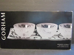 GORHAM Smoked Floral RECTANGULAR TRAY 14” Condiment Tray with 3 Dipping Bowls - Picture 1 of 7