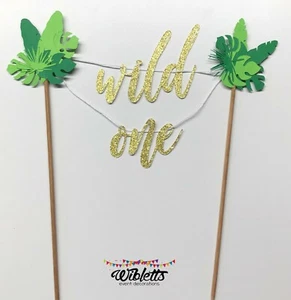 WILD ONE TROPICAL LEAVES THEME BIRTHDAY PARTY CAKE TOPPER BUNTING, TWO WILD GOLD - Picture 1 of 13