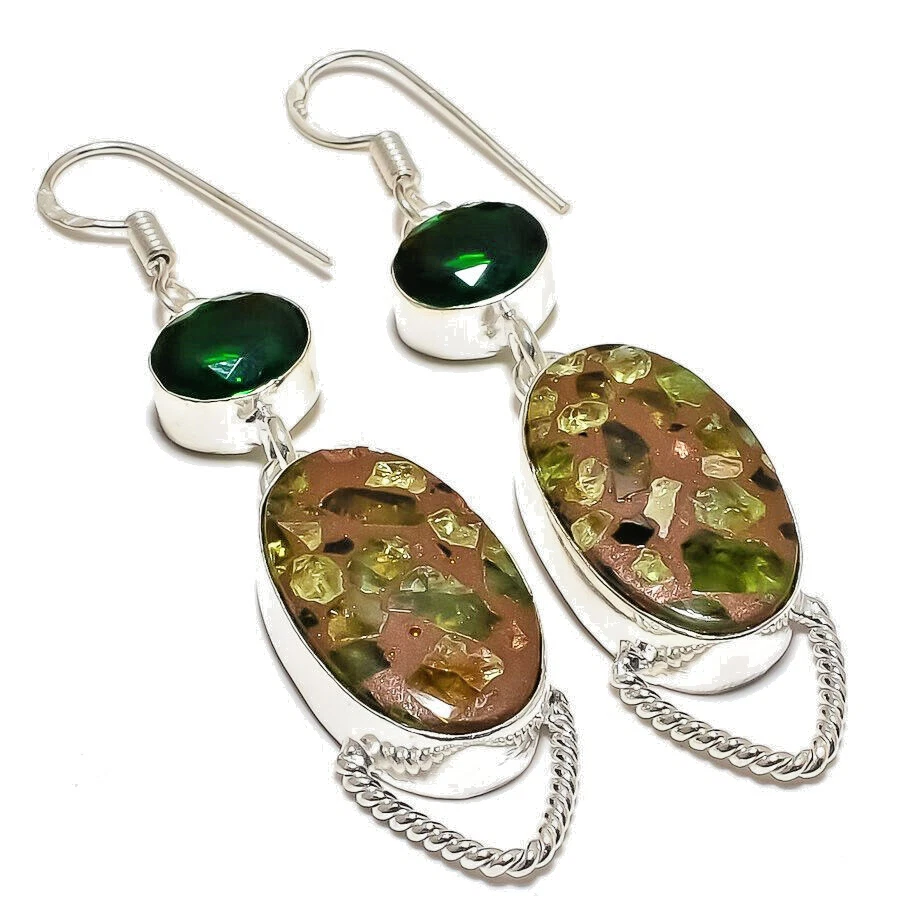 Brincos folheados a prata pedra preciosa quartzo diópsido serpntina cobre 1,5" - Imagem 1 de 1