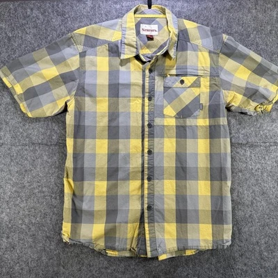 Simms Shirt Mens Large Yellow Gray Plaid Short Sleeve Button Front Fishing - Image 1 of 4