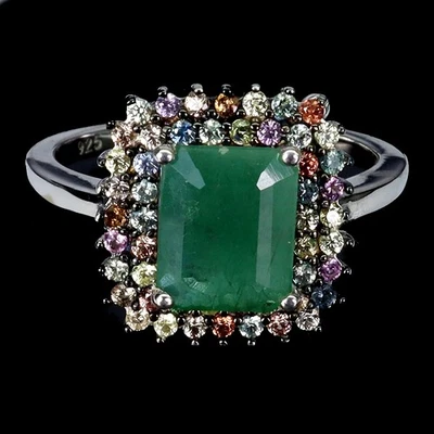 925 Sterling Silver Ring Octagon Emerald 9x7mm Sapphire Gemstone Jewelry Size 9 - Image 1 of 4