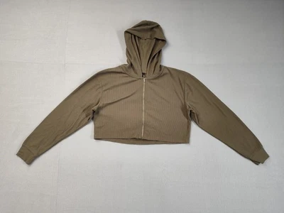 Suéter feminino Forever 21 M exército verde com nervuras com capuz cropped zíper completo casual - Imagem 1 de 4