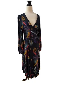 Harvest Lane Tropical Printed Long Sleeve V Neck Midi Wrap Dress Sz AU10 - Picture 1 of 9