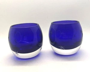 Votive Candle Holders Vintage Heavy Cobalt Blue Etched Stars Art Glass Set Of 2 - Picture 1 of 5