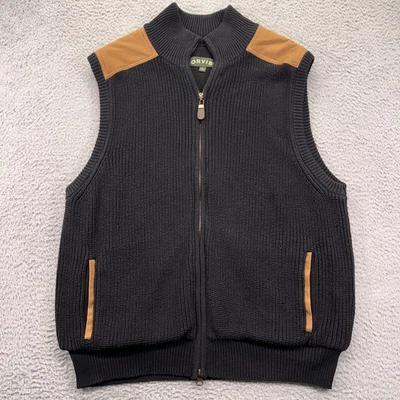 Orvis Sweater Vest Mens Medium Black Full Zip Heavy Suede Shoulder Pockets - Image 1 of 4