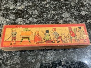 Vintage WoodenLithograph Wood Pencil Box children playing school made in Germany - Picture 1 of 9