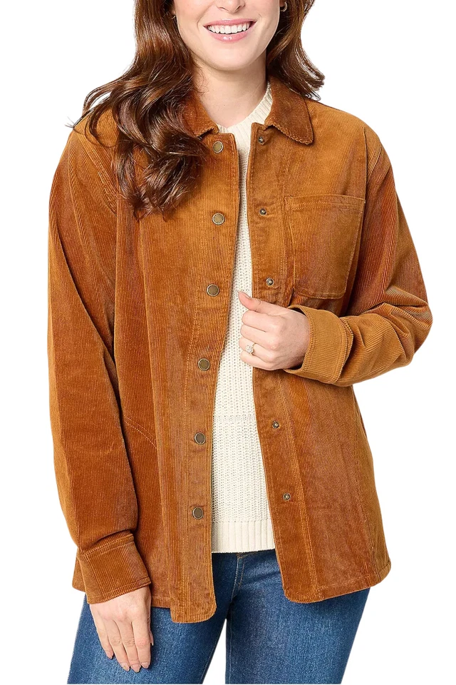 Chaqueta para mujer Joan Rivers de pana elástica frontal a presión jengibre Foto 1 de 1