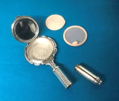 ancien miroir de poche en argent massif Poudrier Rouge à lèvres Face à main Sac - Photo 1/4