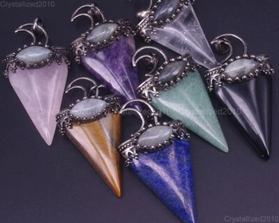 Natural Gemstone Moon Triangle Reiki Chakra Healing Pendant Beads Tibetan Silver - Image 1 of 4