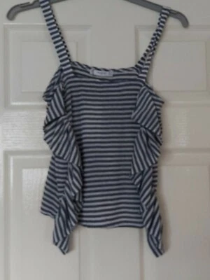 WOMANS MANGO GREY MIX STRIPE STRAPPY STRETCH FRILL TRIM TOP UK S 28" EUR S BNWT - Image 1 of 3