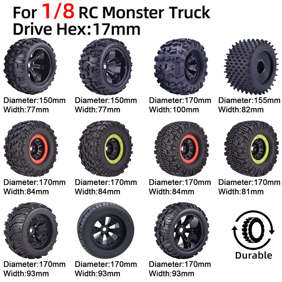 RC Reifen Weel Monster Truck 17mm Nabe Hex für 1/8  HSP HPI Redcat Traxxas Trx4 - Bild 1 von 4