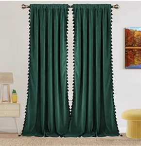 Velvet Curtains for Living Room,Boho Tassels Soft Luxury Home Decor Room (Green) - Picture 1 of 1