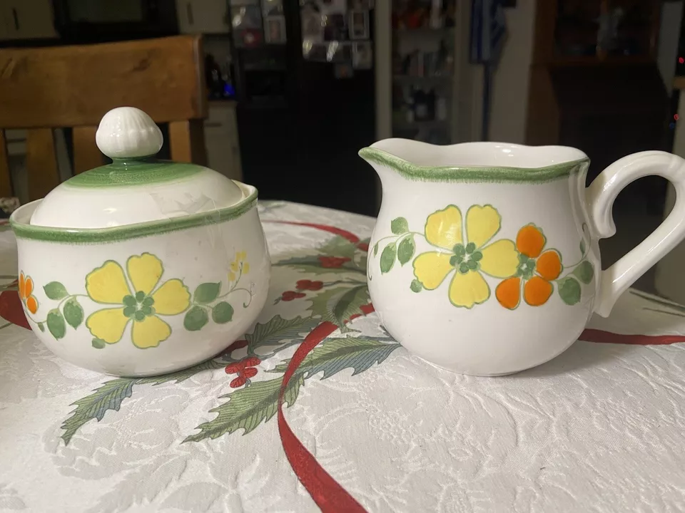RARO Vintage Anos 70 MCM Noritake Craftone Cerâmica Conjunto de Creme de Açúcar Flores de Alegria - Imagem 1 de 4