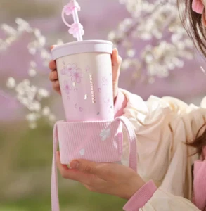 Neu 2024 China Starbucks Spring Pink Sakura 12oz SS Stroh Tasse mit Tassenärmel - Bild 1 von 8
