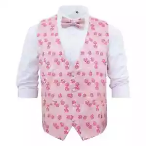 Set gilet e cravatta con fiocco da sposa rosa tessuto floreale di DQT - Foto 1 di 4