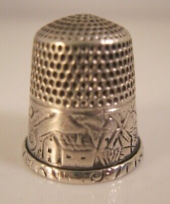 Antique Sterling Silver Landscape Story Scene Engraved Thimble Size 4 • 126.92$
