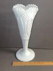 Vintage Le Smith White Milk Glass Diamond Fan Vase 12.25"