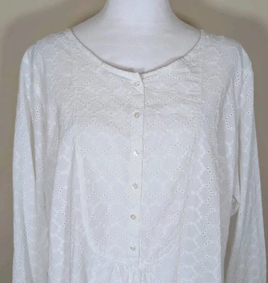 LL Bean White Eyelet Top Womens XL 1/2 Button Front Long Sleeve Boho Tunic Retro Foto 1 de 4