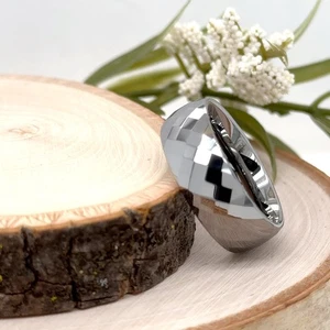 8mm Silver Tungsten Carbide Ring Unisex Faceted Design Stylish Engagement Band - Picture 1 of 4