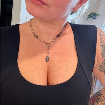 Napier Vintage Y Drop Necklace Pink & Yellow Beads Silver Tone Floral Charm - Image 1 of 4