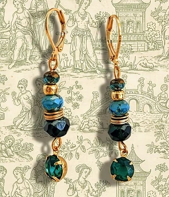 Green Emerald And  Green Beads Drop Down Earrings - Image 1 of 4