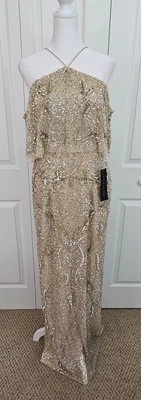 NWT Aidan Mattox Light Gold Hand Beaded Cold Shoulder Long Gown Women's 12 - Image 1 of 4