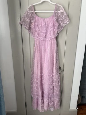 Maxi Vestido Formal De Colección Años 70 Baile de graduación Púrpura Hombro Descubierto Coqueta Encaje Foto 1 de 4