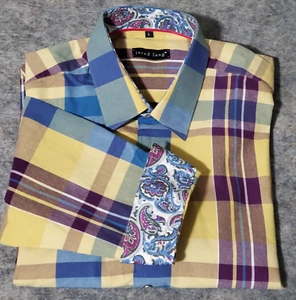 Camisa de vestir Jared Lang para hombre grande amarilla azul a cuadros cachemira puño y cuello abatible - Imagen 1 de 14