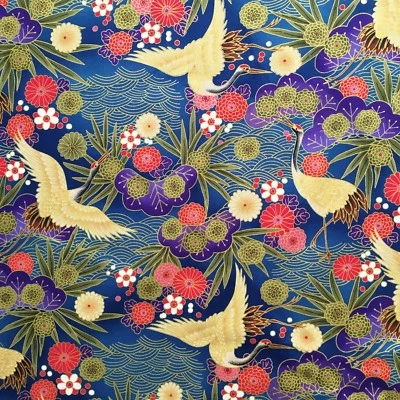 Японские журавли ткани, металлическая цапля птицы, золотой синий фиолетовый восточный хлопок - Изображение 1 из 4