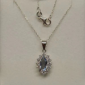 Collier Rhodié 45 cm Oeil Marquise Aigue-marine Cz 15 mm Argent 925 Dolly-Bijoux - Picture 1 of 7