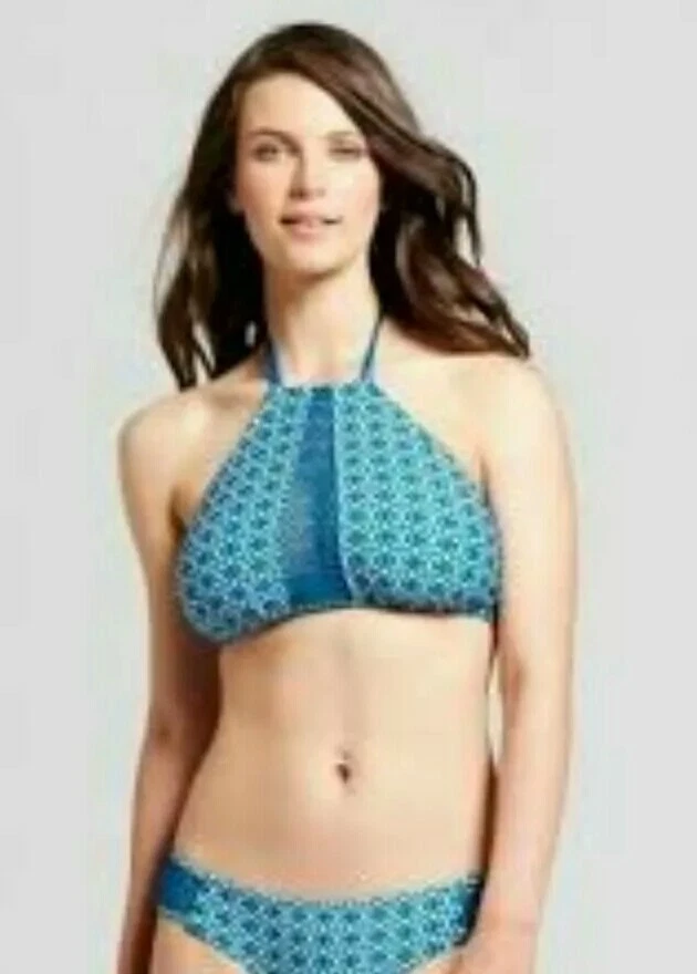 BIQUÍNI MOSSIMO gola alta HALTER TOP XL azul-petróleo esfumaçado branco ilhós floral natação  - Imagem 1 de 4
