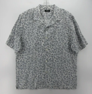 Theory Shirt Men Large Blue Linen Hawaiian Button Up Camp Floral Collared Knit - Image 1 of 4