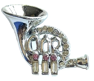 VINTAGE FRENCH HORN WITH PINK & WHITE RHINESTONES SILVER TONED 1 1/2" PIN BROOCH - Picture 1 of 3