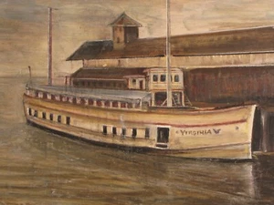 ORIGINAL RHODE ISLAND ARTIST PAINTING SHIP STEAMER VIRGINIA STEAMSHIP AT DOCK !! - Picture 1 of 4