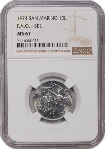 1974 SAN MARINO 10 LIRE F.A.O. - BEE NGC MS 67 ONLY 2 GRADED HIGHER Cover