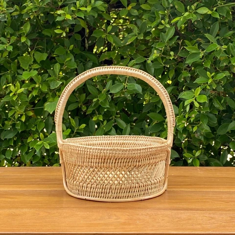 Bamboo Bliss Basket: Small Round Hand Woven Basket with Intricate Thai Design Cover