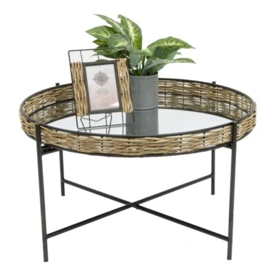 Mirrored Coffee Table Round Rattan Coffee Table Black Metal Frame 70cm - image 1 of 4
