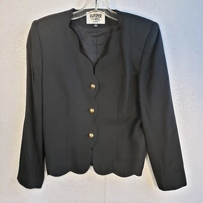 Vintage Kasper Blazer Jacket Size 6  Petite Black 3 Gold Button Shoulder Pads  - Image 1 of 4