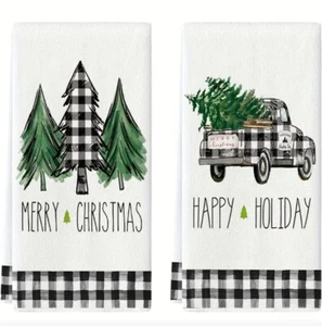 Kitchen Hand Tea Towel Set Christmas Trees Truck Holiday Gift White Plaid Soft - Picture 1 of 7