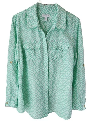 Camisa Charter Club Mujer 100% Lino 0X Verde Blanco Cuello Largo Pestaña Redonda Foto 1 de 4