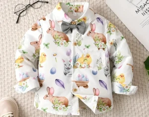 Easter/Spring Button Up Long Sleeve Collar Bow Tie Church Shirt Boy Size 5/6 - Picture 1 of 8