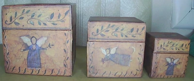Bob's Boxes 3 Nesting Primitive Art Folk Angels boxes Susan Winget - Image 1 of 4