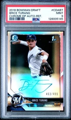 2018 Bowman Chrome Brice Turang Draft Pick Refractor Auto /499 PSA 9 Brewers - Image 1 of 3