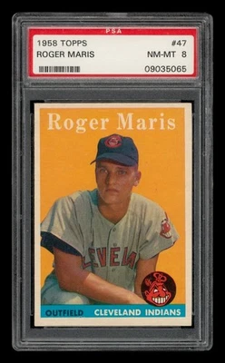 Коллекционные бейсбольные карточки 1958 Topps Set-Break No47 Roger Maris PSA 8 почти как новые - Изображение 1 из 3
