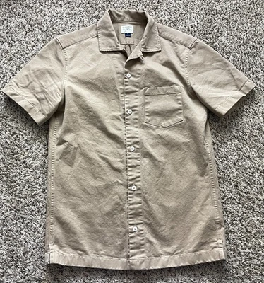 J Crew Shirt Mens Small Beige Loop Collar Canvas Button Up Short Sleeve G4735 - Image 1 of 4