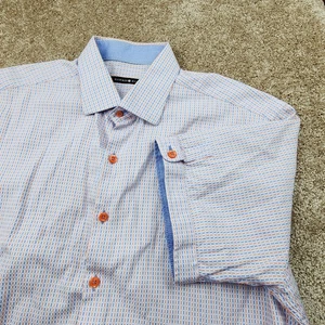 Hammer Made Men Short Sleeve Button Down Shirt Blue Orange Geo Print Size L 16.5 - Picture 1 of 8