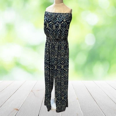 Mono sin tirantes para mujer 3X bolsillos elásticos en la cintura azul Aqua Boho Ikat Jersey Foto 1 de 4