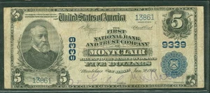 Billete de banco nacional de $5.00, primero nuevo en caja Montclair, Nueva Jersey, 1902, fr. #600, F/MUY - Imagen 1 de 2
